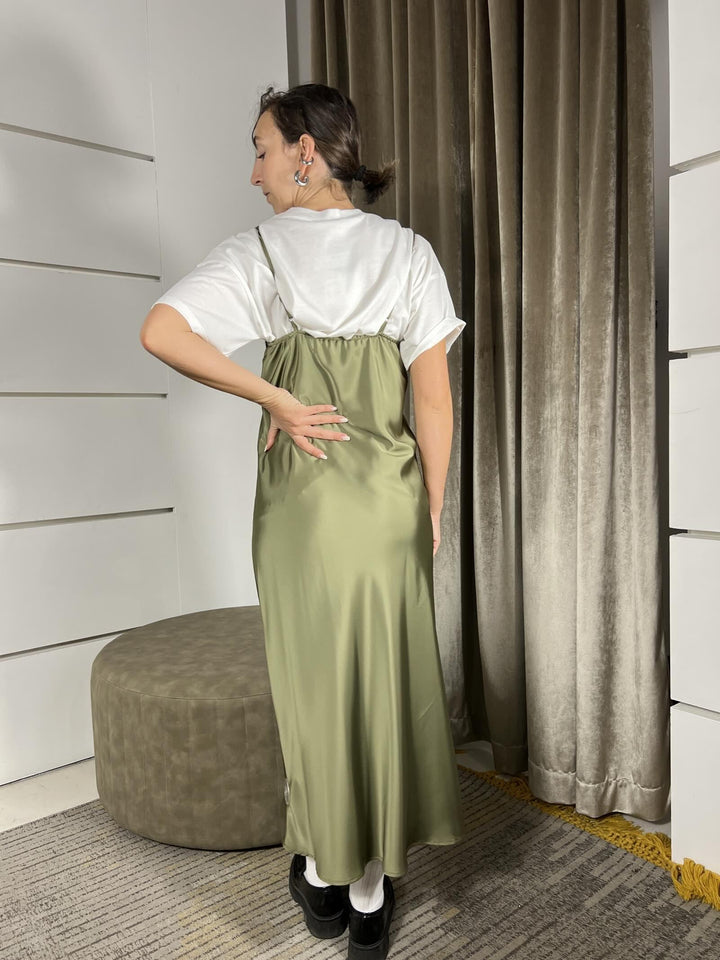 ABITO SATIN VERDE MILIATRE  CON PIZZO NERO 44422VERDE MILITARE SUSY MIX