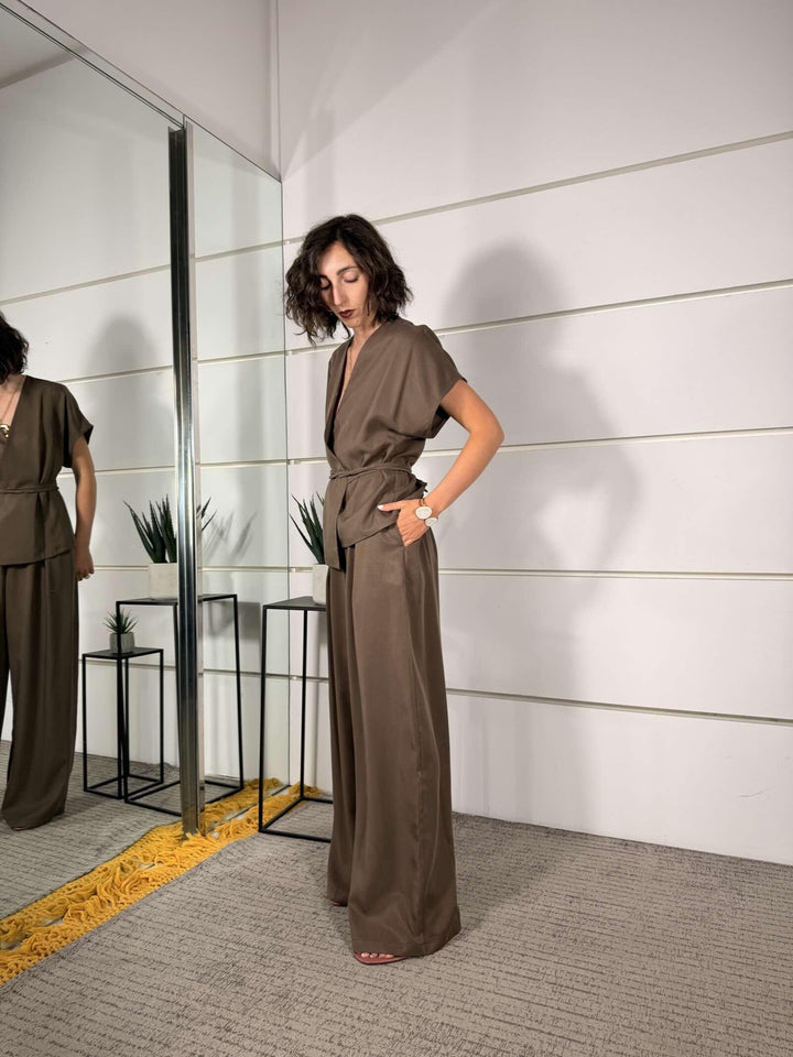 completo moka giacca kimono e pantalone a palazzo 3073MOKA SUSY MIX