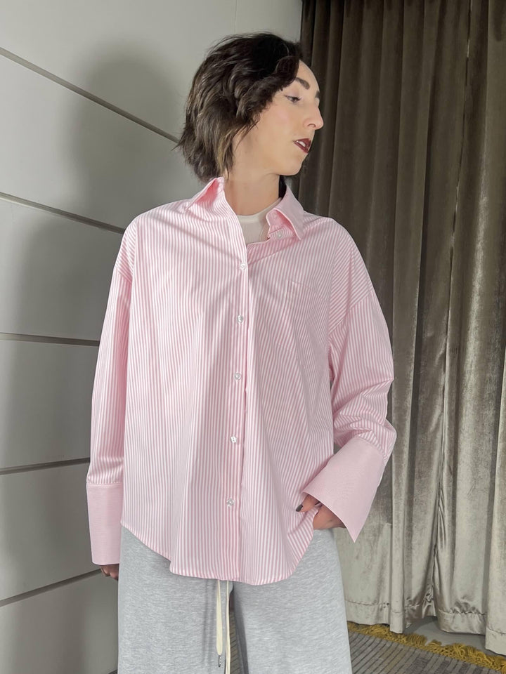 camicia tensione in over a righe con tasca, sfiancata nel retro 26C3794ROSA TENSIONE IN