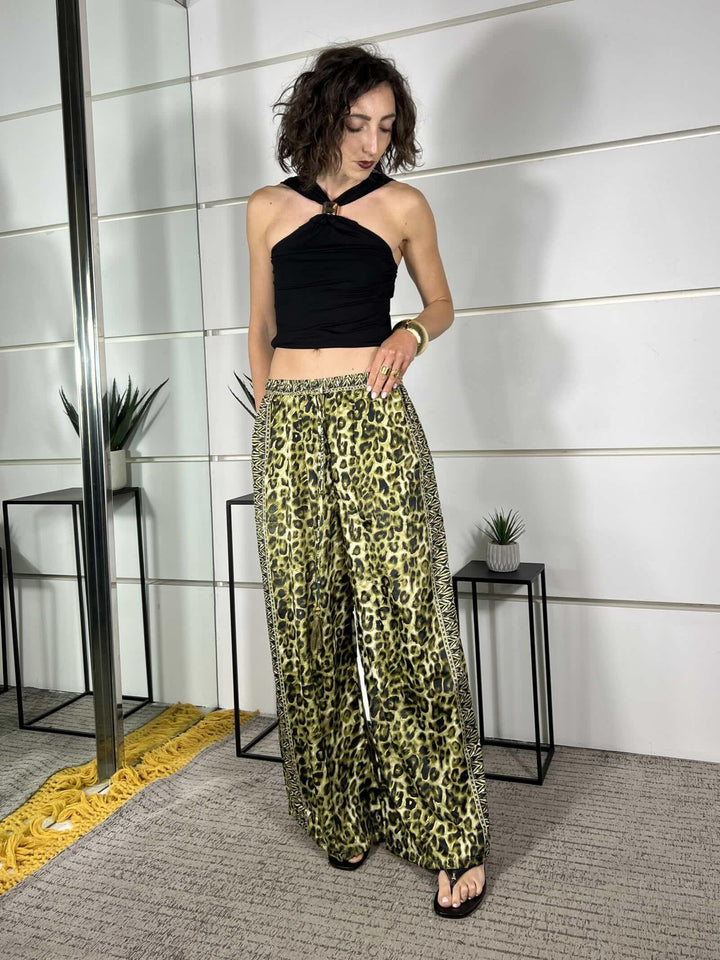 pantalone a palazzo fantasia maculata verde e nera in misto seta A002MACULATO VERDE SPICY CAFE