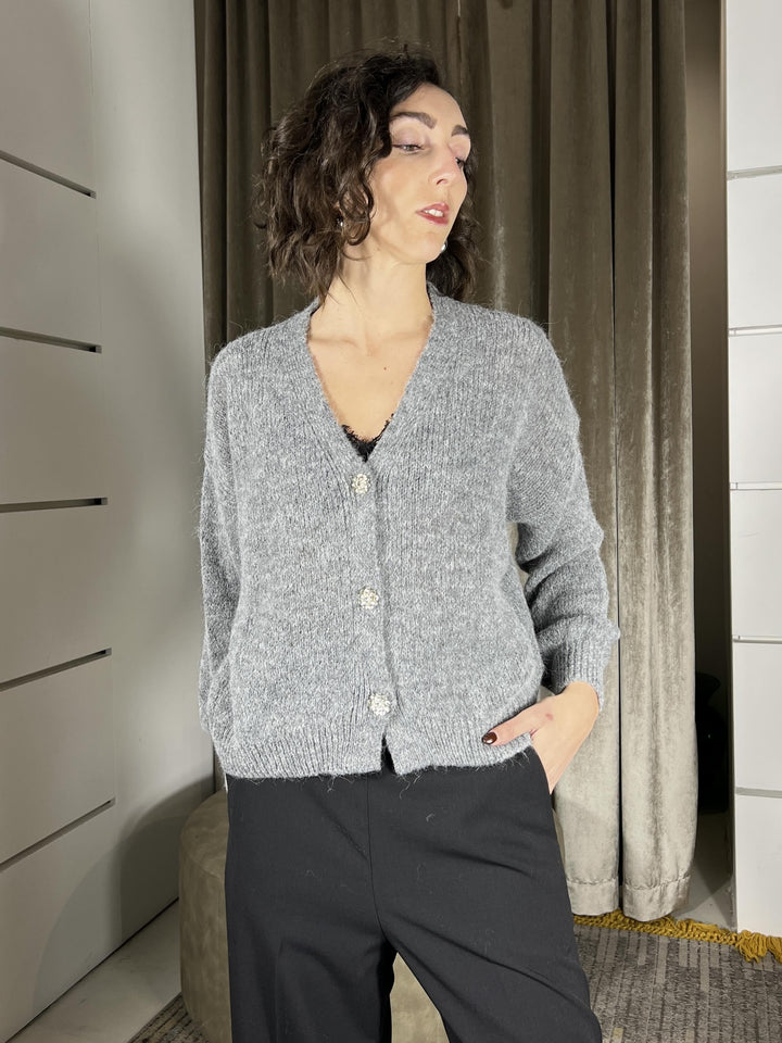 cardigan corto bottoni gioiello strass grigio in misto lana JHO-P147GRIGIO HAVE ONE