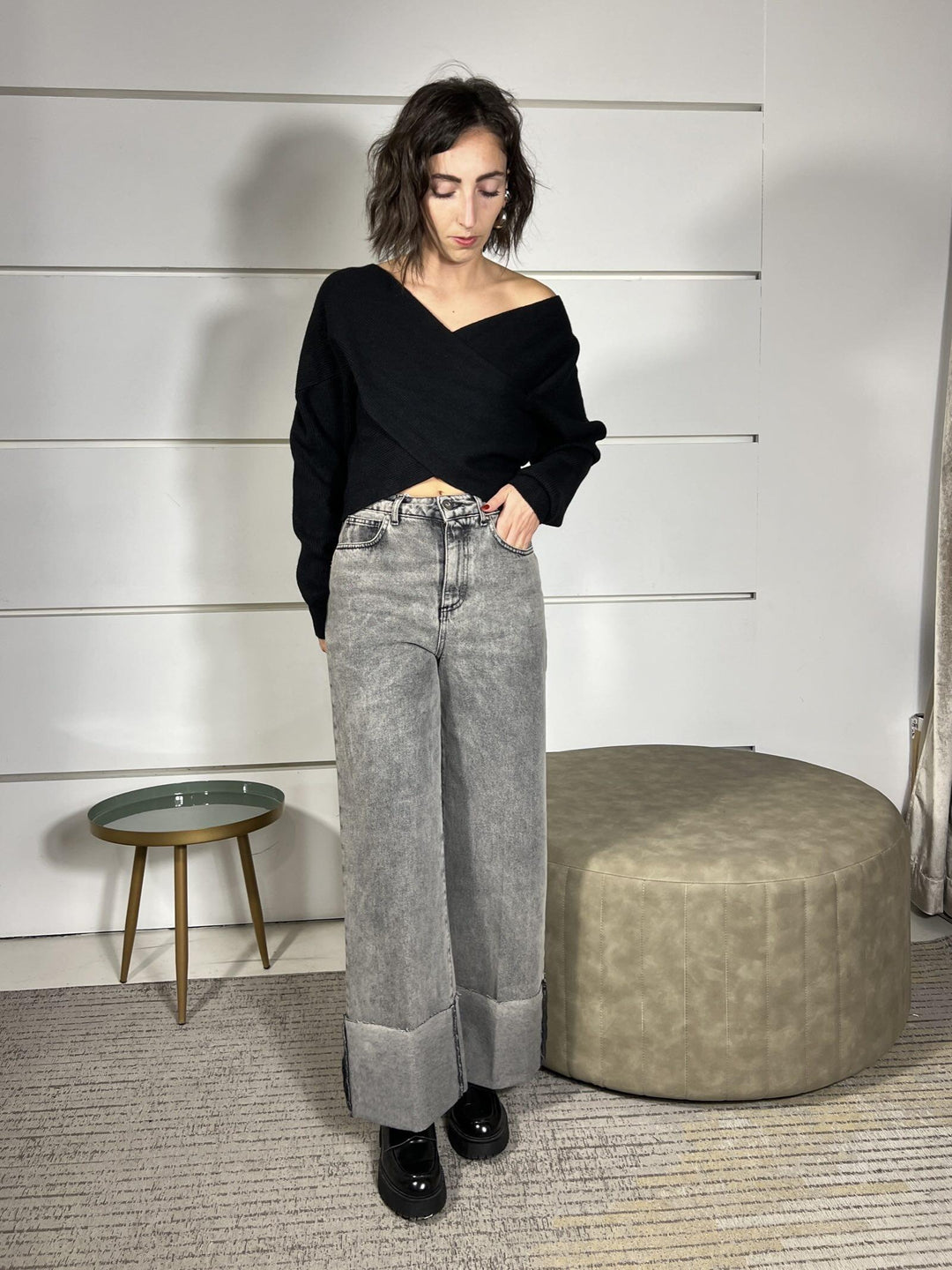 jeans a palazzo con risvolto grigio ELLANERO SUSY MIX