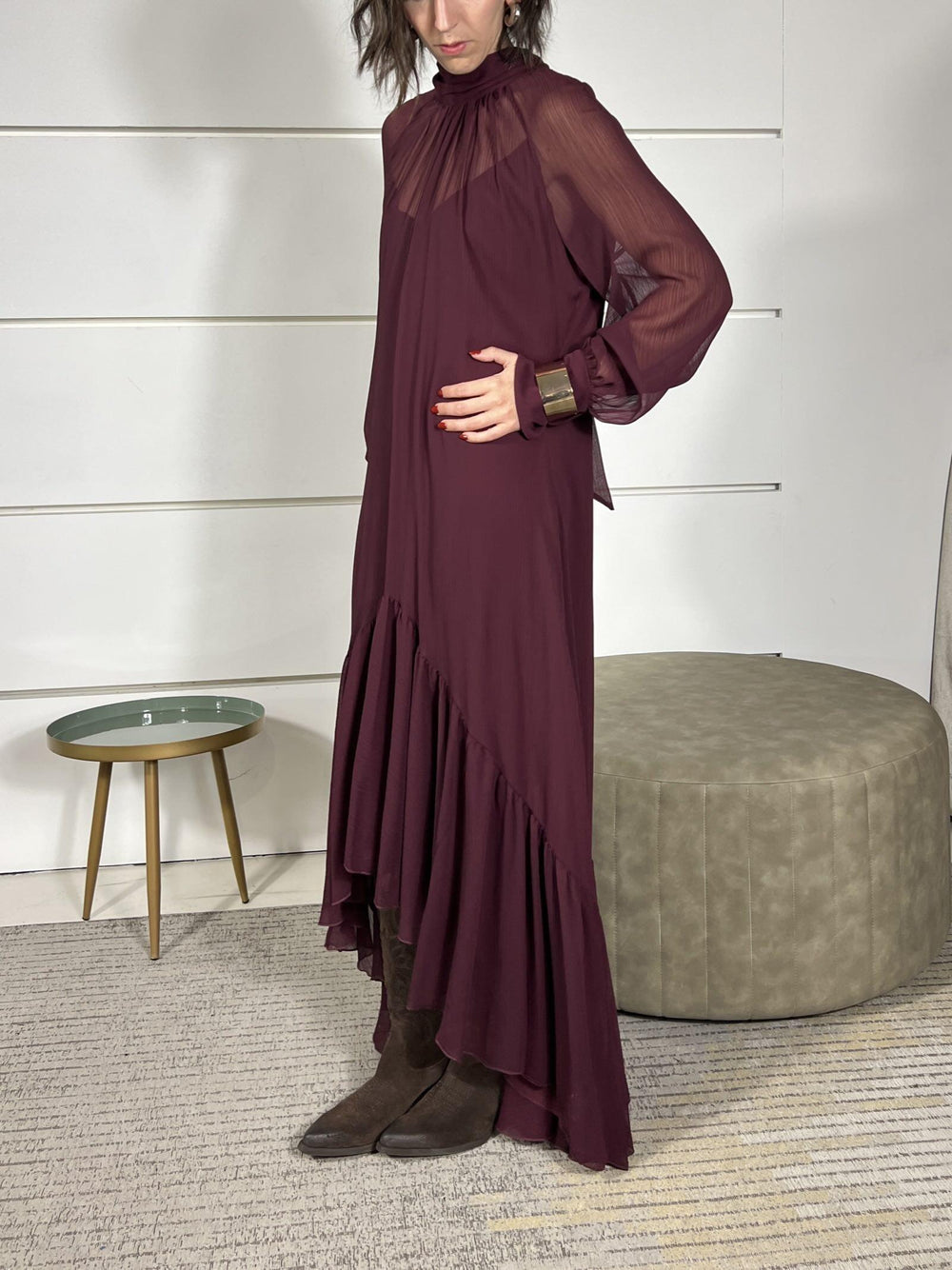 abito lungo con balza e semitrasparenza vino D01E0188VINO PHILIA LOFT