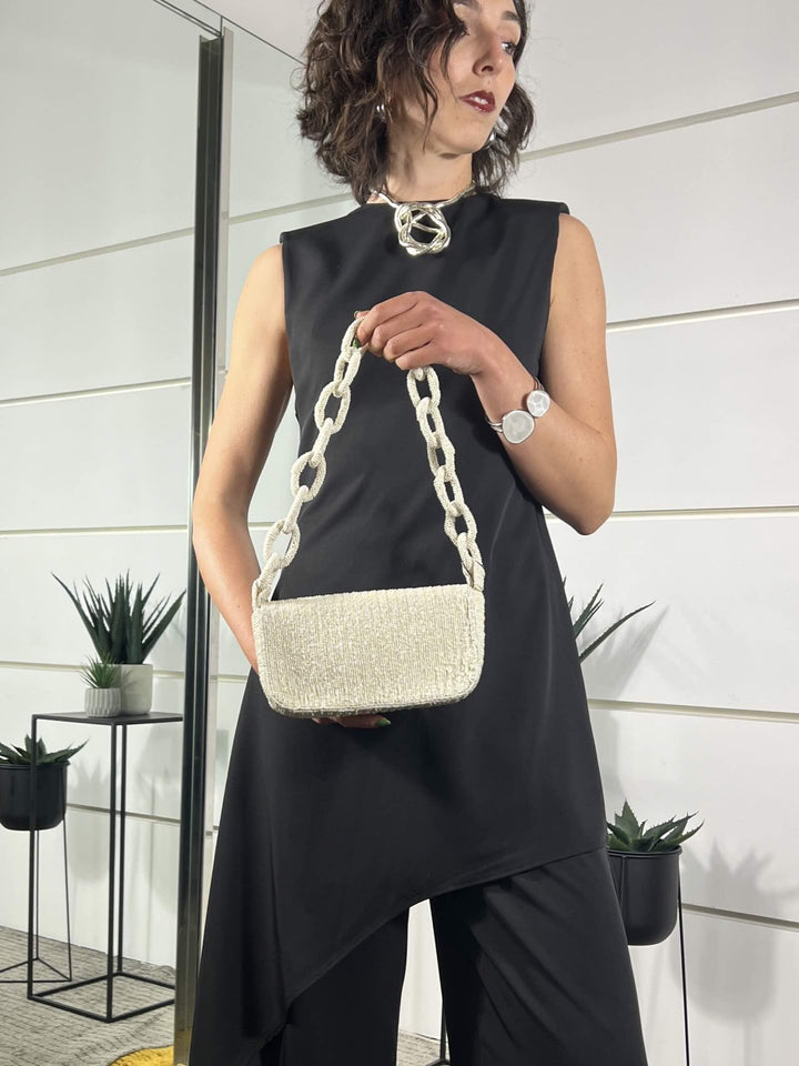 borsa a pochette con perline e tracolla panna BO1400PANNA SUSY MIX