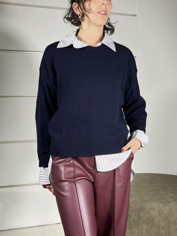 maglione blu girocollo over con coste 100%lana WL788AI25BLU TENSIONE IN