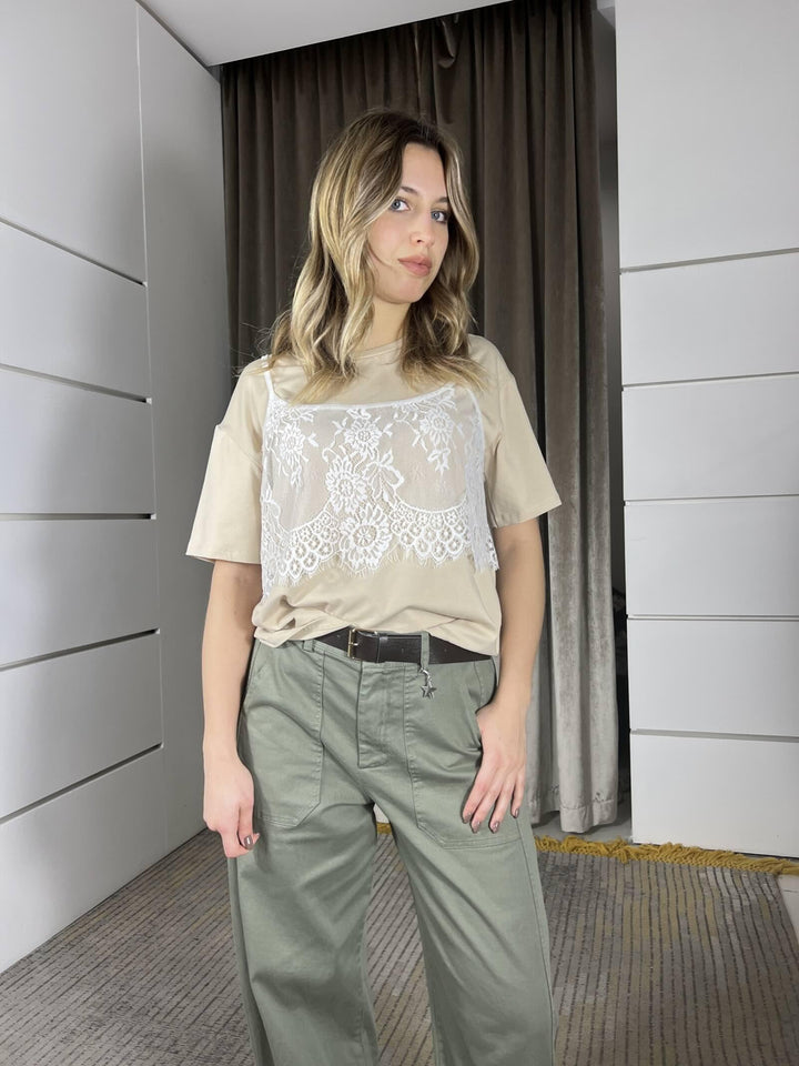 T-Shirt avorio con top in pizzo e collana 26632AVORIO SUSY MIX