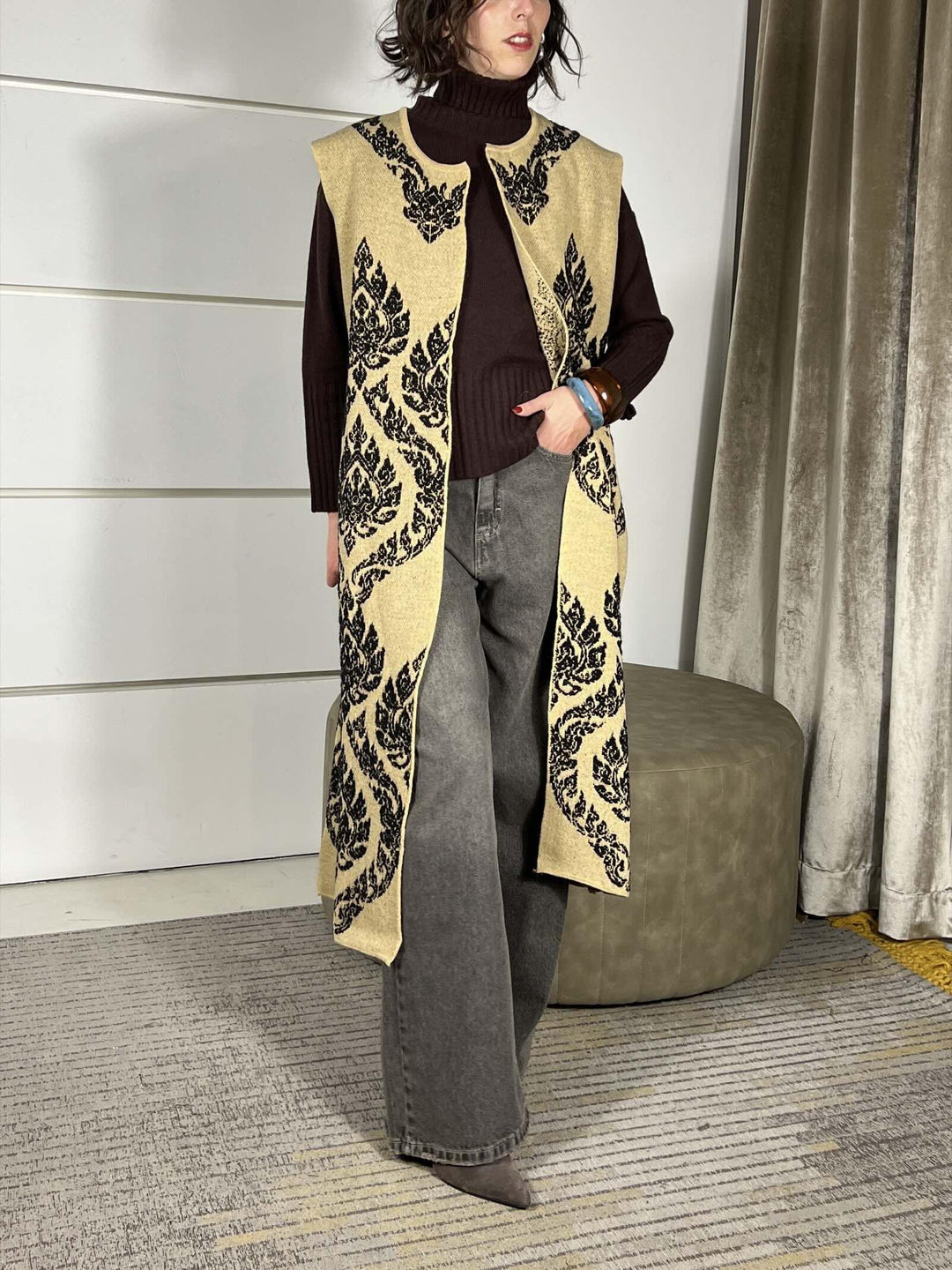 GILET LUNGO DAMASCATO CAMEL W5HMG75A400CAMEL TENSIONE IN