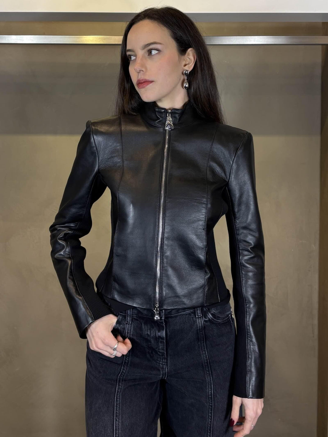 giubbotto in pelle nera con inserti in maglia CO0001L1HZK103 PATRIZIA PEPE PREVIEW