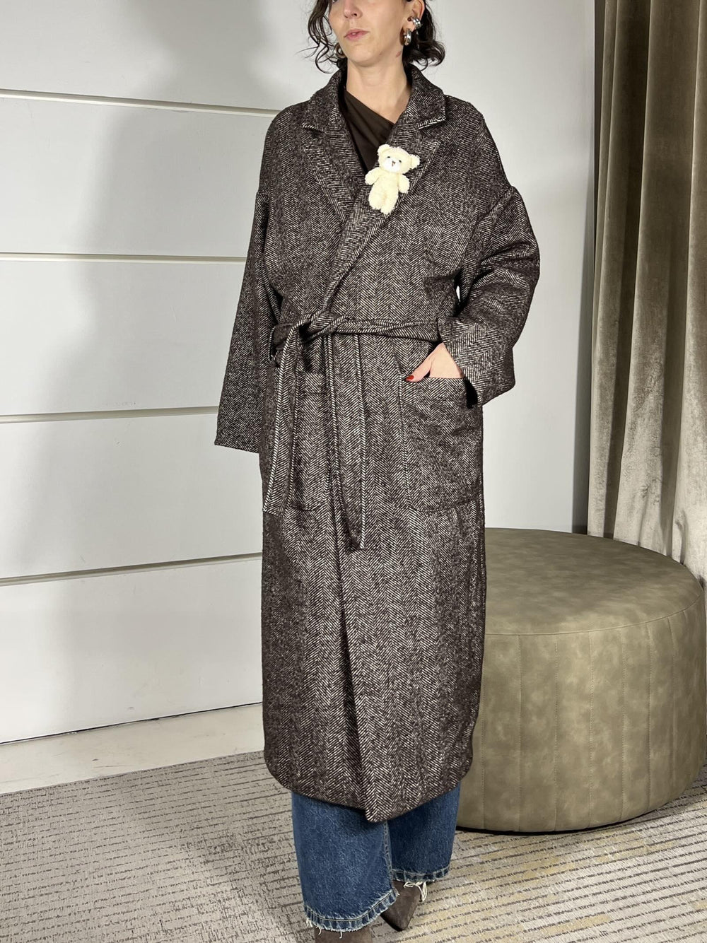 cappotto lungo spinato con cinta moro D01N0697MORO PHILIA LOFT