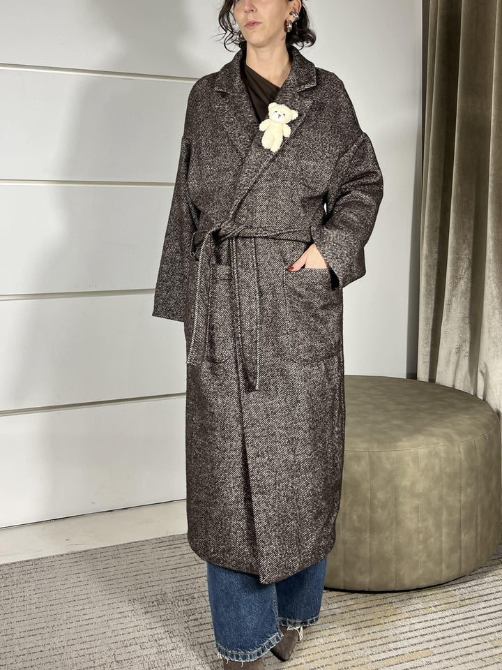 cappotto lungo spinato con cinta moro D01N0697MORO PHILIA LOFT