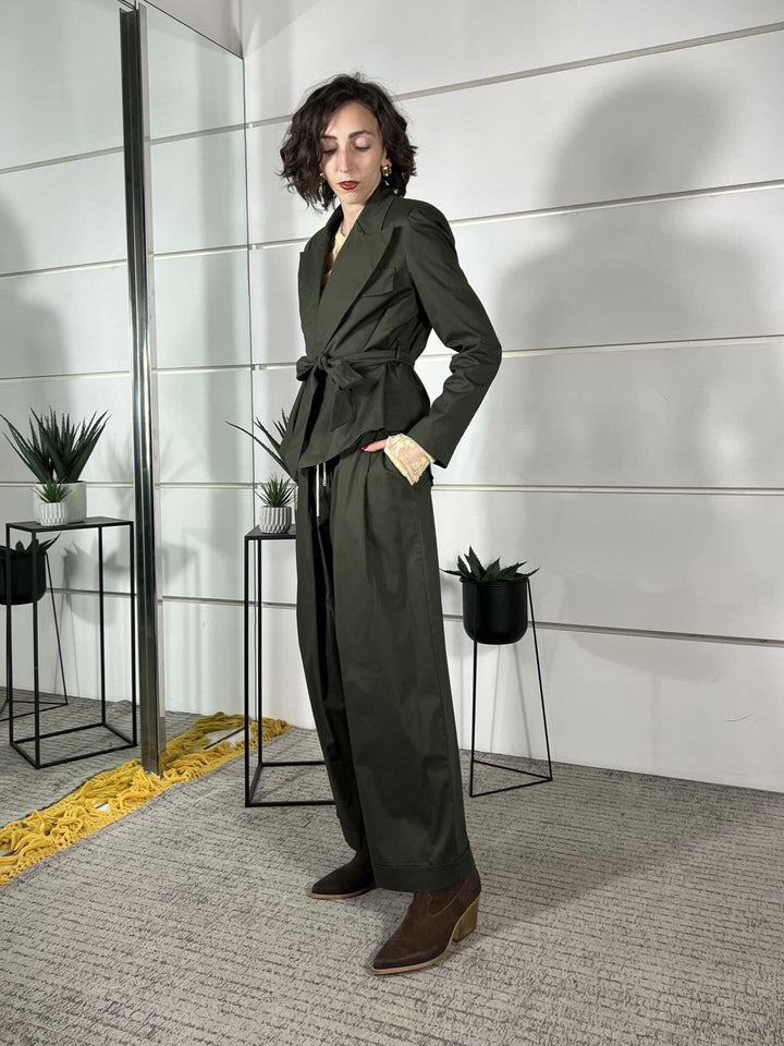 pantalone in cotone con coulisse, elastico in vita e pinces verde militare 10235VCERDE MILITARE SUSY MIX