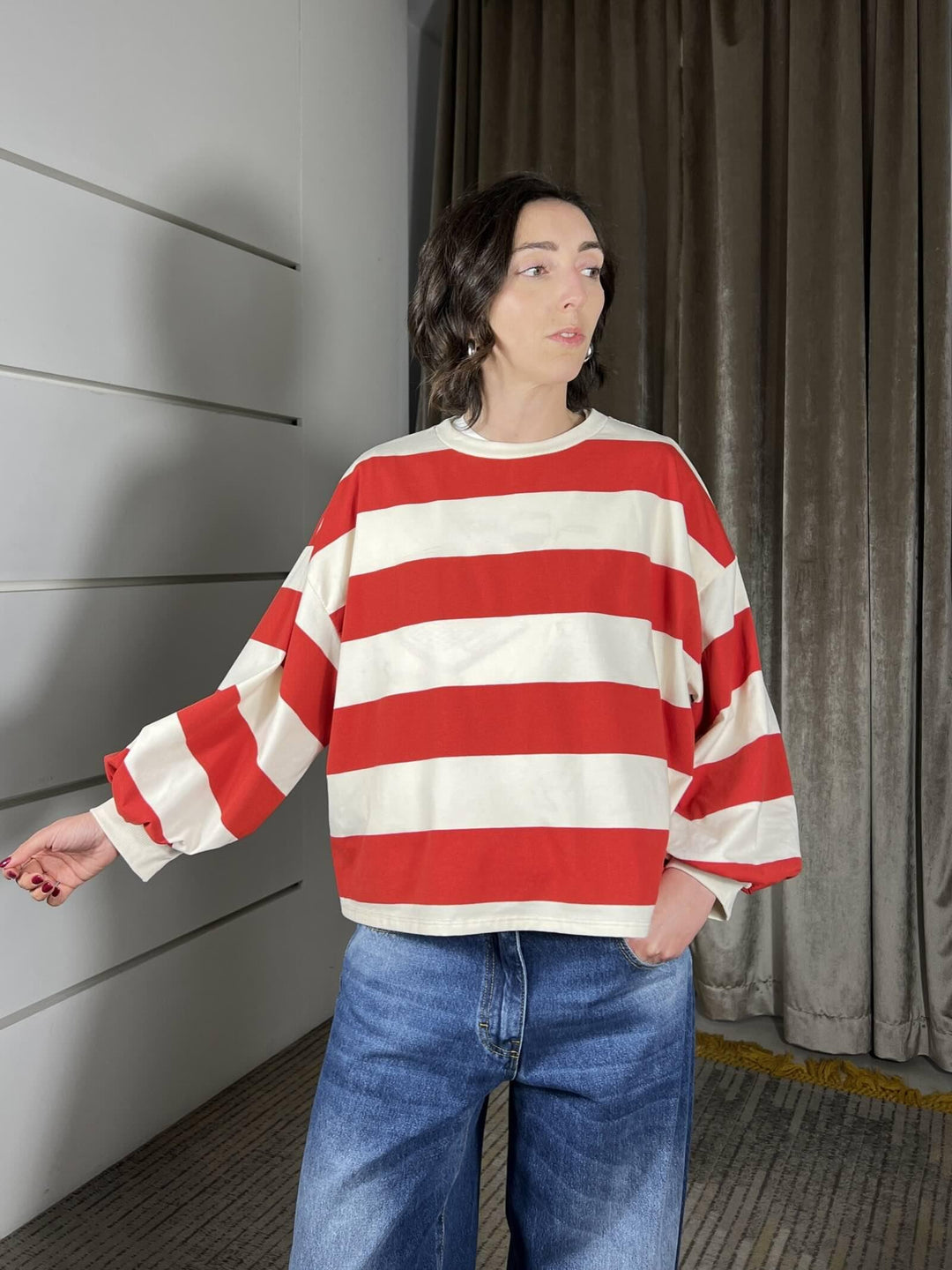 maglia a righe panna/rosso con manica a baloon D02N0366PANNA/ROSSO PHILIA LOFT