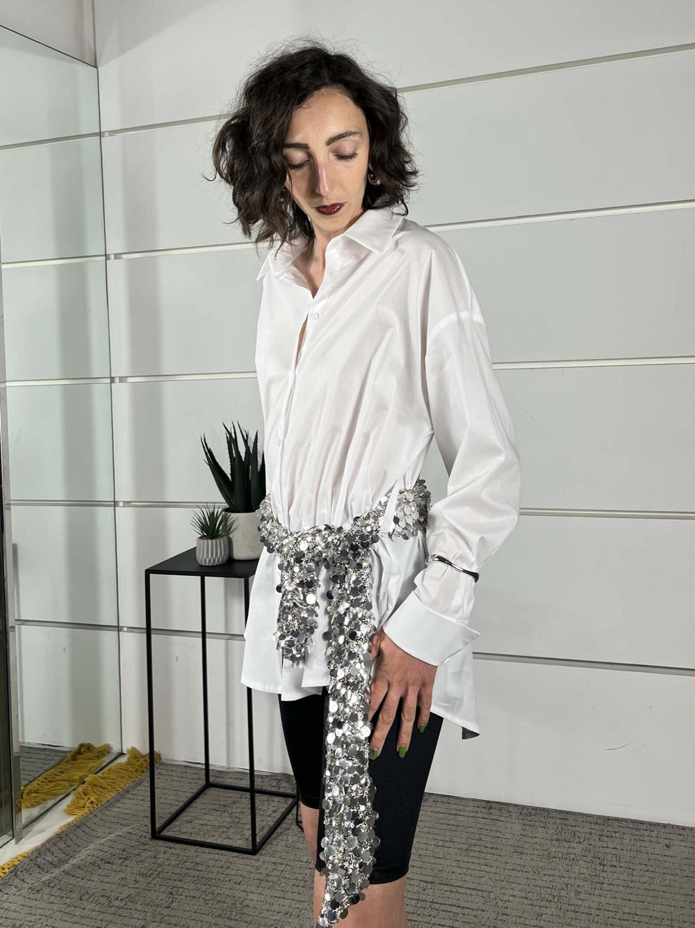 camicia bianca lunga con pareo con paillettes argent 26C4802BIANCO TENSIONE IN