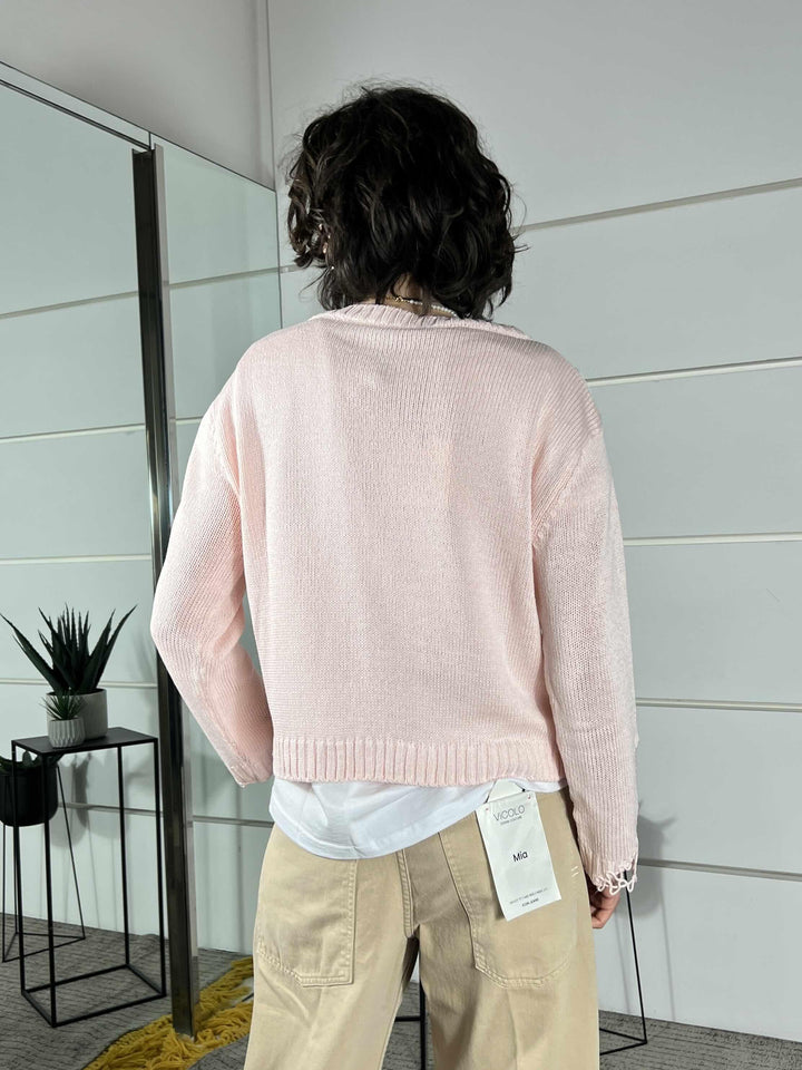 maglia paricollo con dettaglio lavorazione nella manica rosa D90167ROSA TENSIONE IN