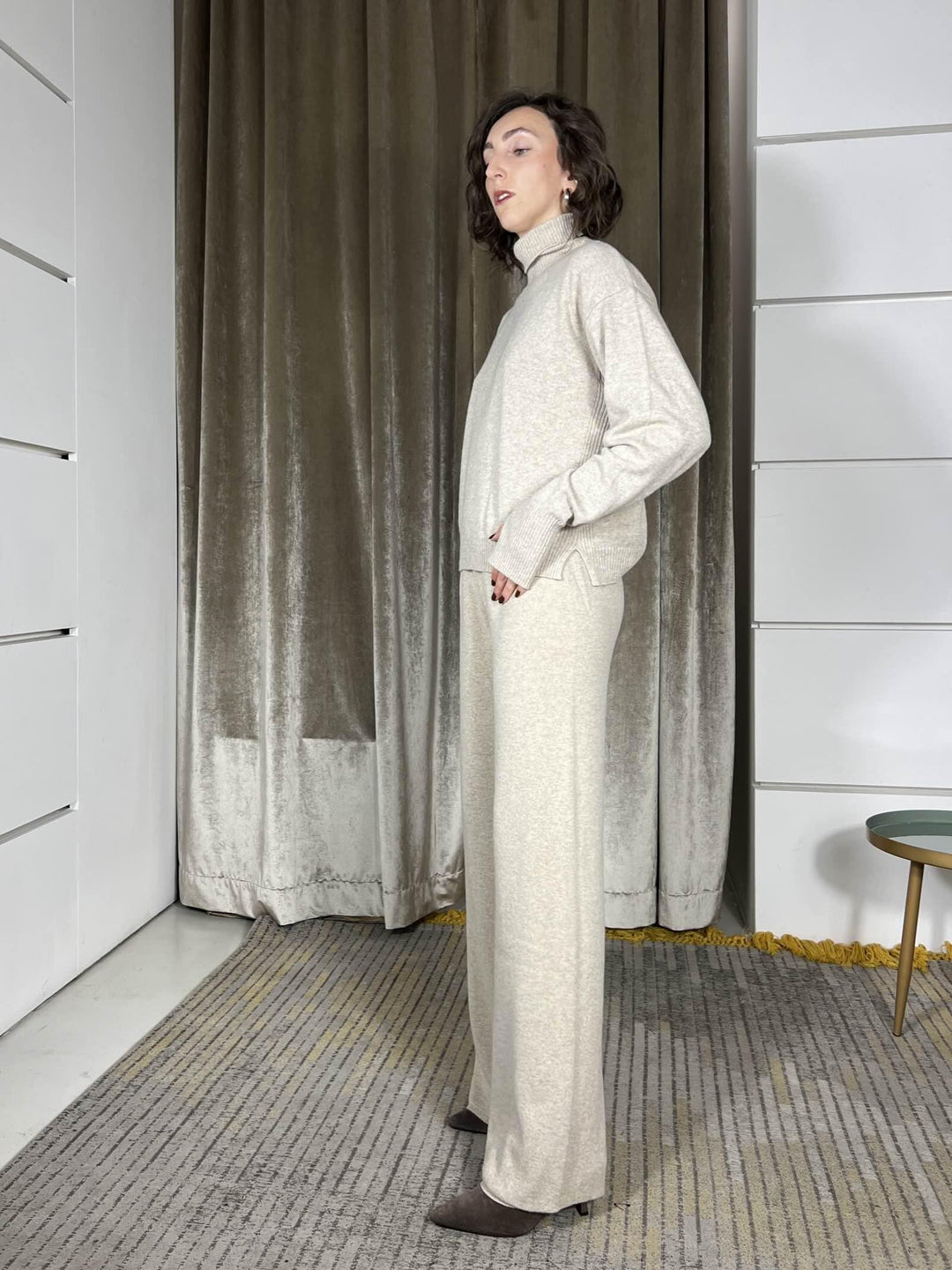 pantalone a palazzo con elastico in vita misto lana sabbia 22107FSABBIA VICOLO