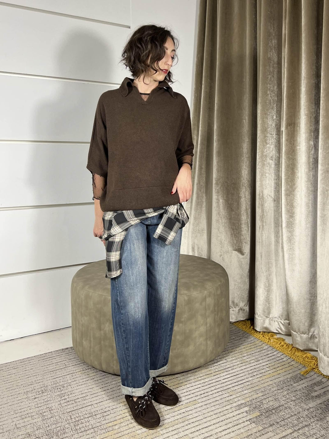 maglione a polo manica corta over marrone D80886MARRONE TENSIONE IN