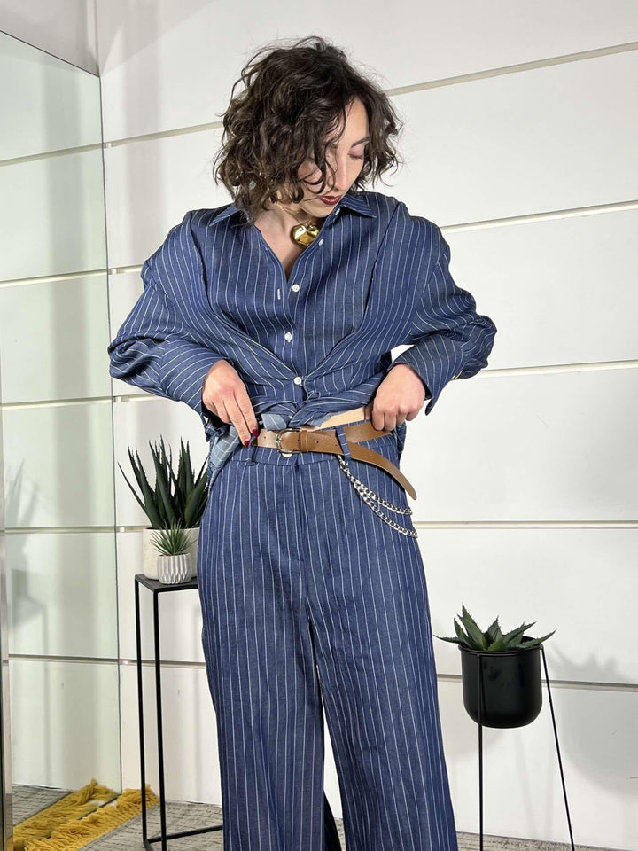 pantalone ampio gessato con cintura PVS-Q354BLU HAVE ONE