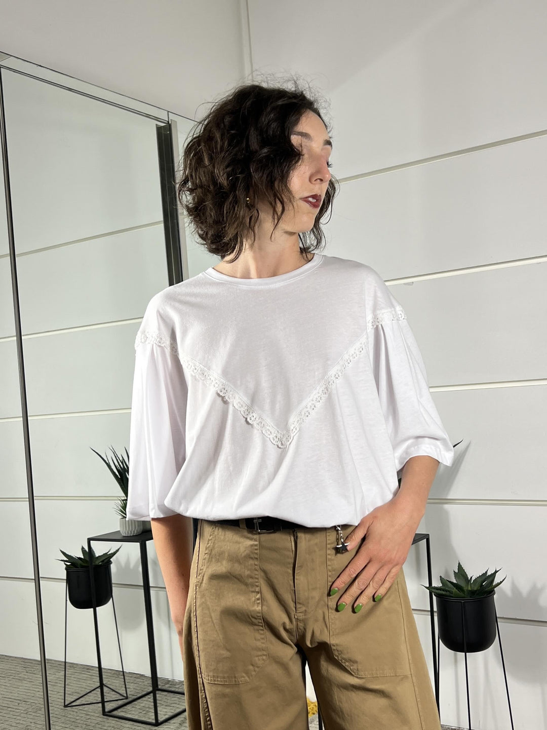 t-shirt bianca  manica corta con inserto in pizzo 26M4711BIANCO TENSIONE IN
