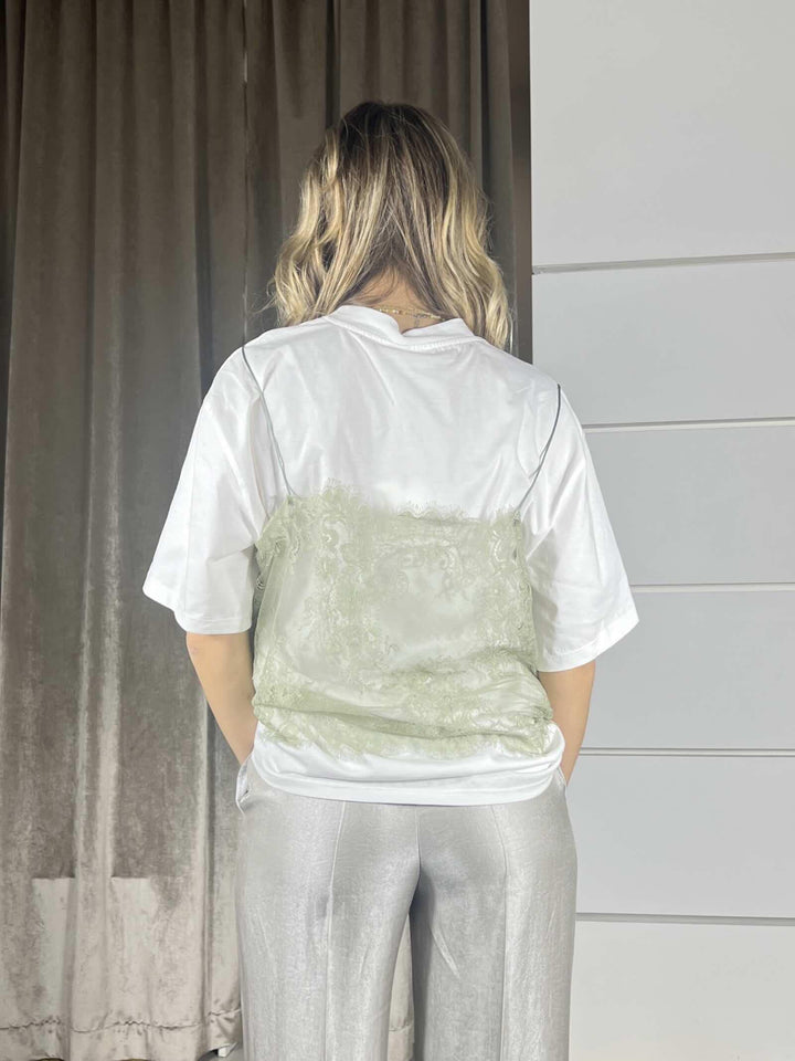 t-shirt bianca con top in pizzo light kaki PE260052BIANCO/LIGHT KAKHI TENSIONE IN