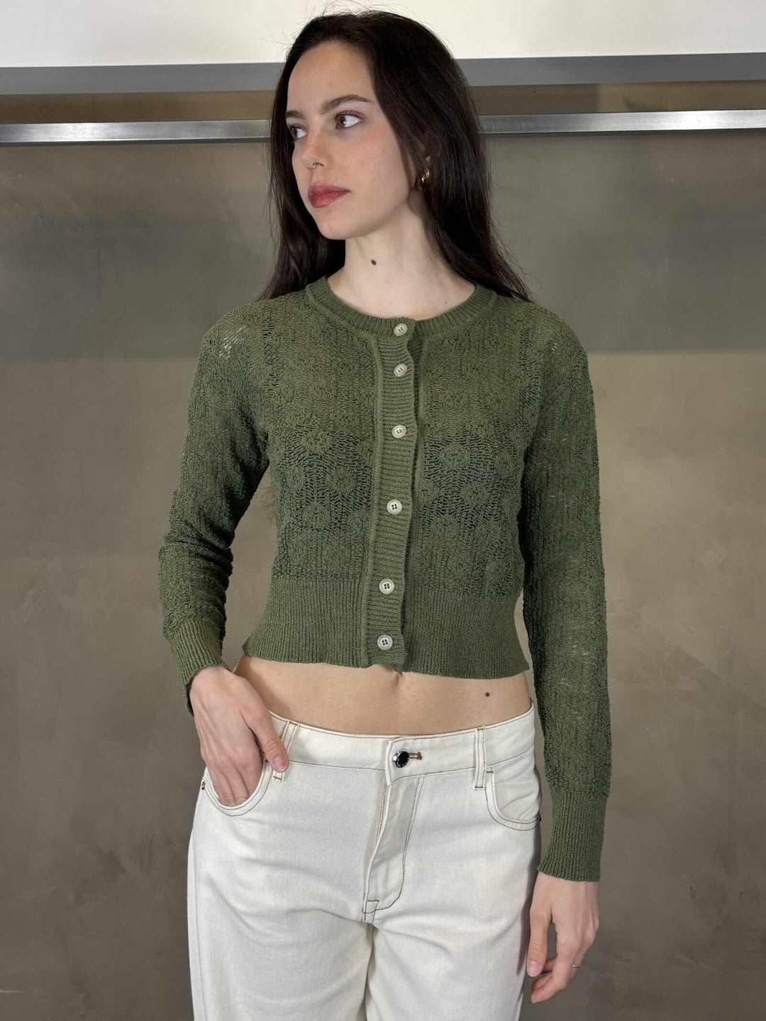 Cardigan traforato verde edera con disegno M506CTMG163 MANILA GRACE