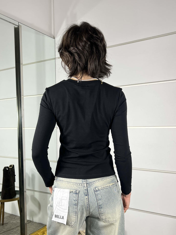 maglia nero girocollo con bottoncini sul davanti LC260027NERO LUMINA