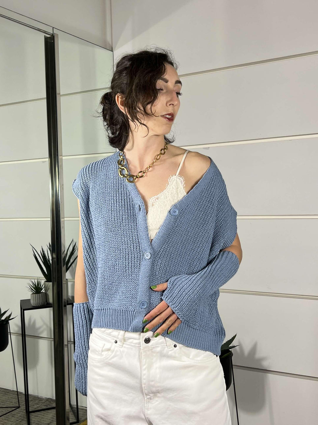 gilet con manicotti in cotone celeste M93007CELESTE SUSY MIX