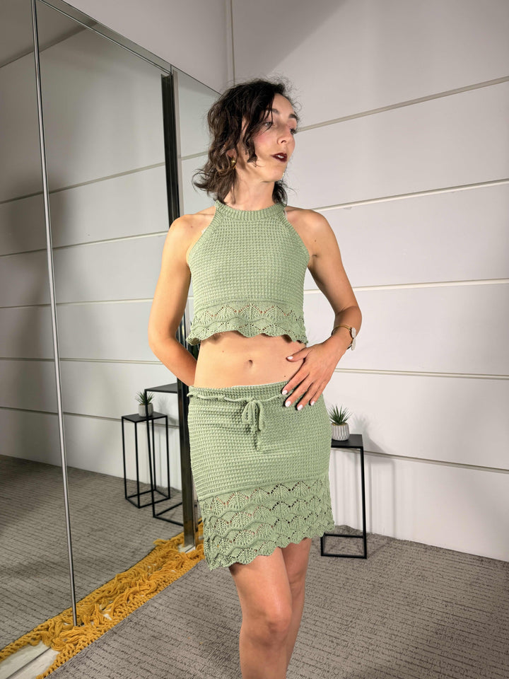 completo crochet top e gonna corta verde A1552VERDE SPICY CAFE