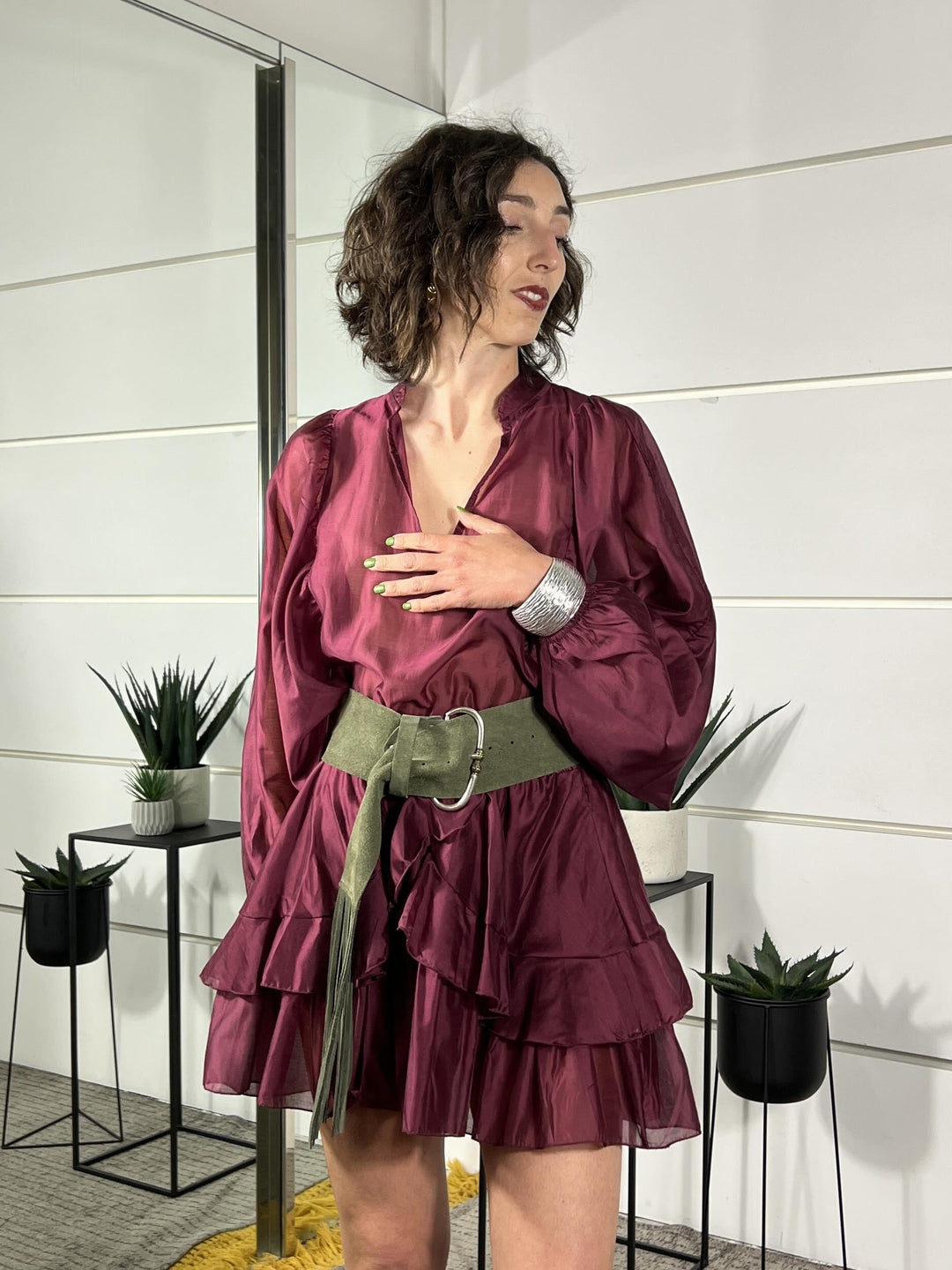 abito corto scollo a v con rouches vino ANO-Q121VINO HAVE ONE