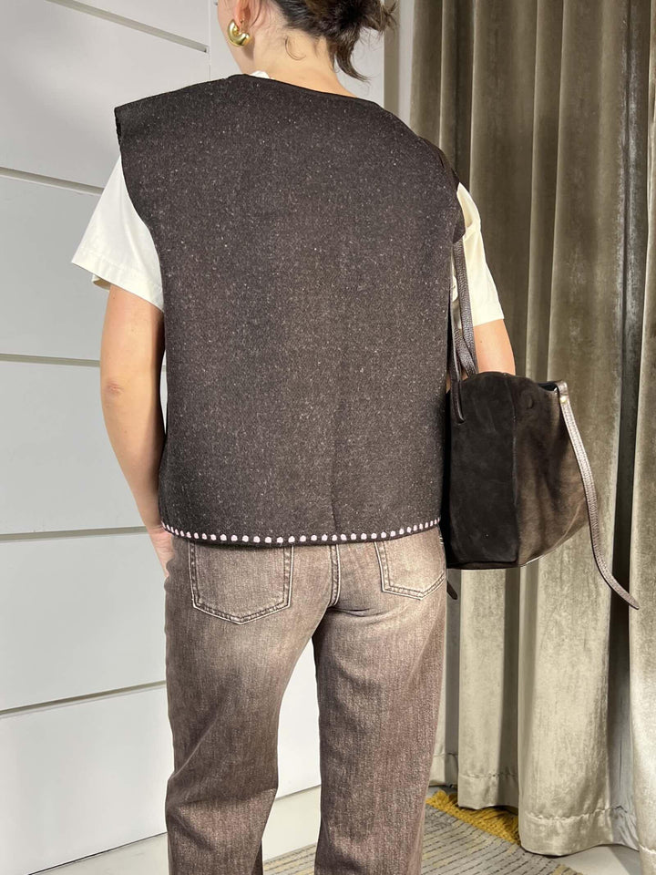 GILET IN MAGLIA MORO CON RICAMI ROSA W5HMG35A400PINK TENSIONE IN
