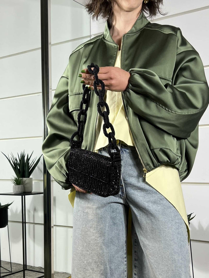 borsa a pochette con perline e tracolla nera BO1400NERO SUSY MIX