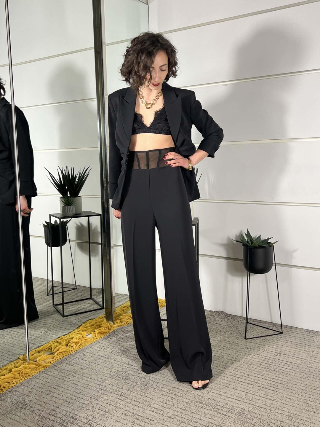 pantalone nero a palazzo con inserto in tulle P9E3LJT1900 IMPERIAL