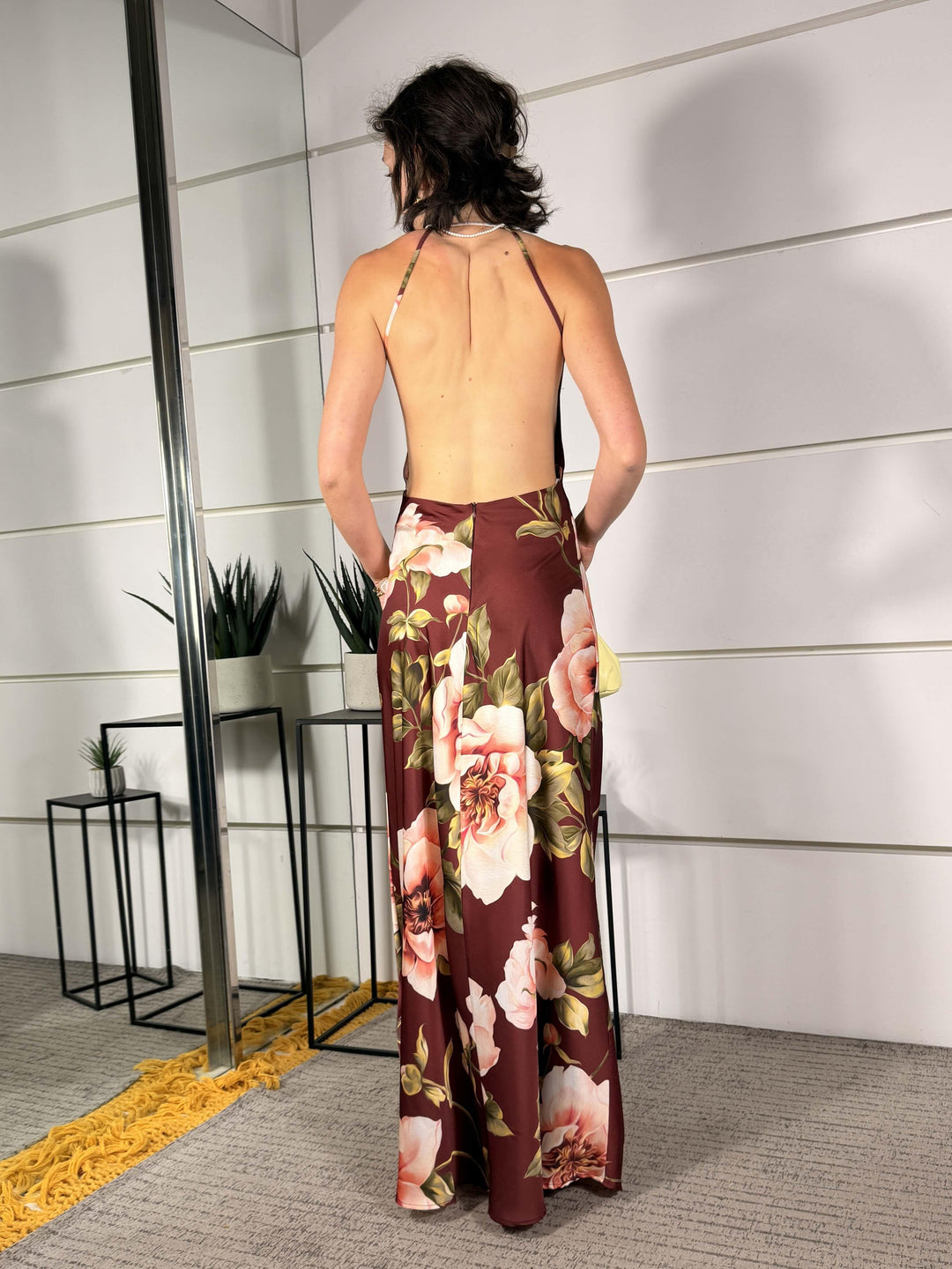 abito bordeaux lungo satin con stampa fiori e scollo nel retro LD5640BORDEAUX LUMINA