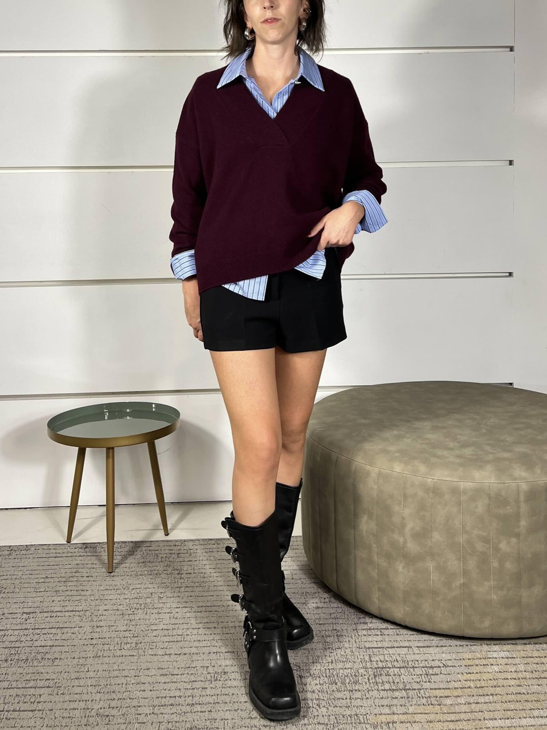 maglione scollo a v, over con coste nel collo e nel fondo 100%lana WL785AI25VINO TENSIONE IN