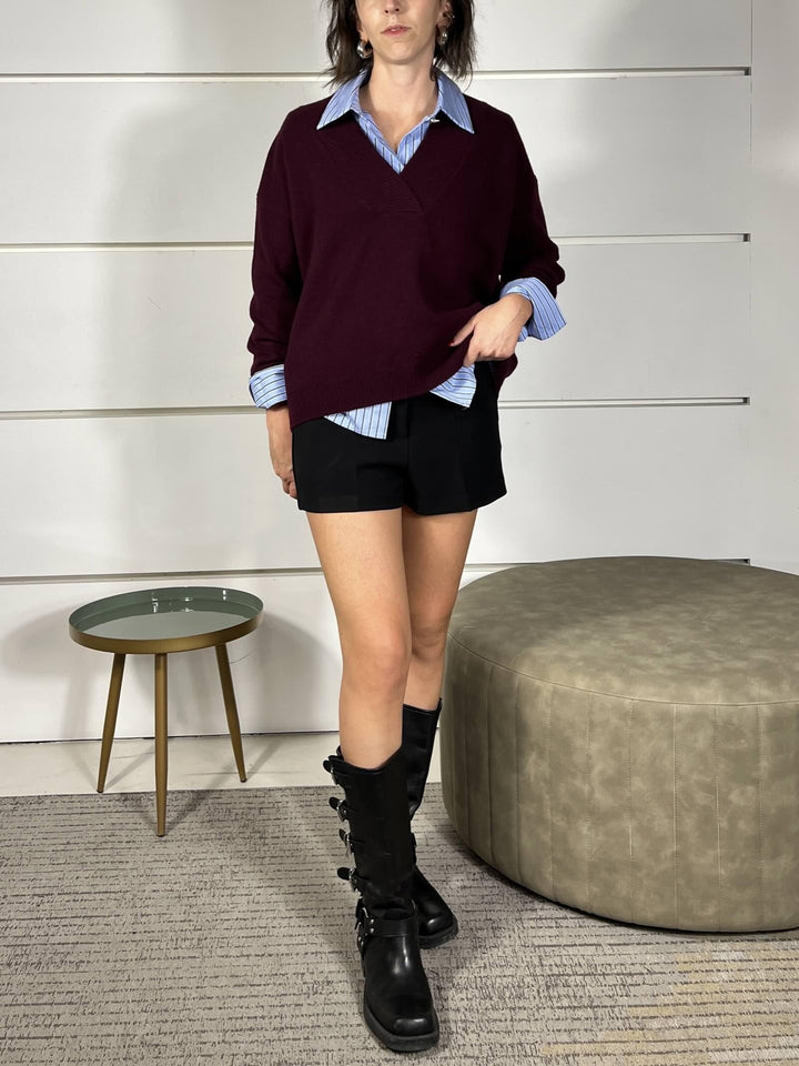 maglione scollo a v, over con coste nel collo e nel fondo 100%lana WL785AI25VINO TENSIONE IN