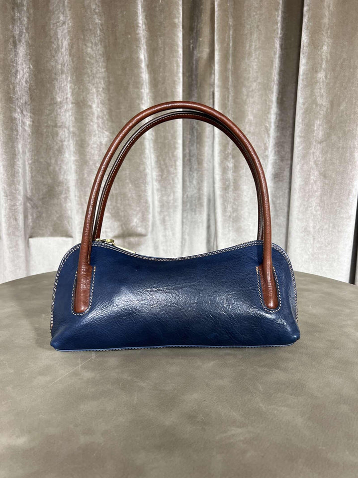 borsa in vera pelle con manico interno check con tasca a parete 266527BLU FEMME CAFE SELECTION