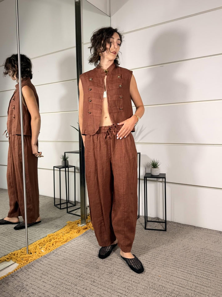 pantalone barrel 100% lino con elastico in vita e coulisse ruggine 6128RUGGINE SPICY CAFE