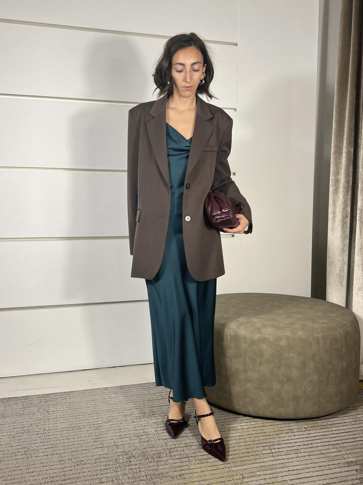 set giacca over moro e abito lungo satin verde bosco  HFW-P010MORO/VERDE BOSCO HAVE ONE