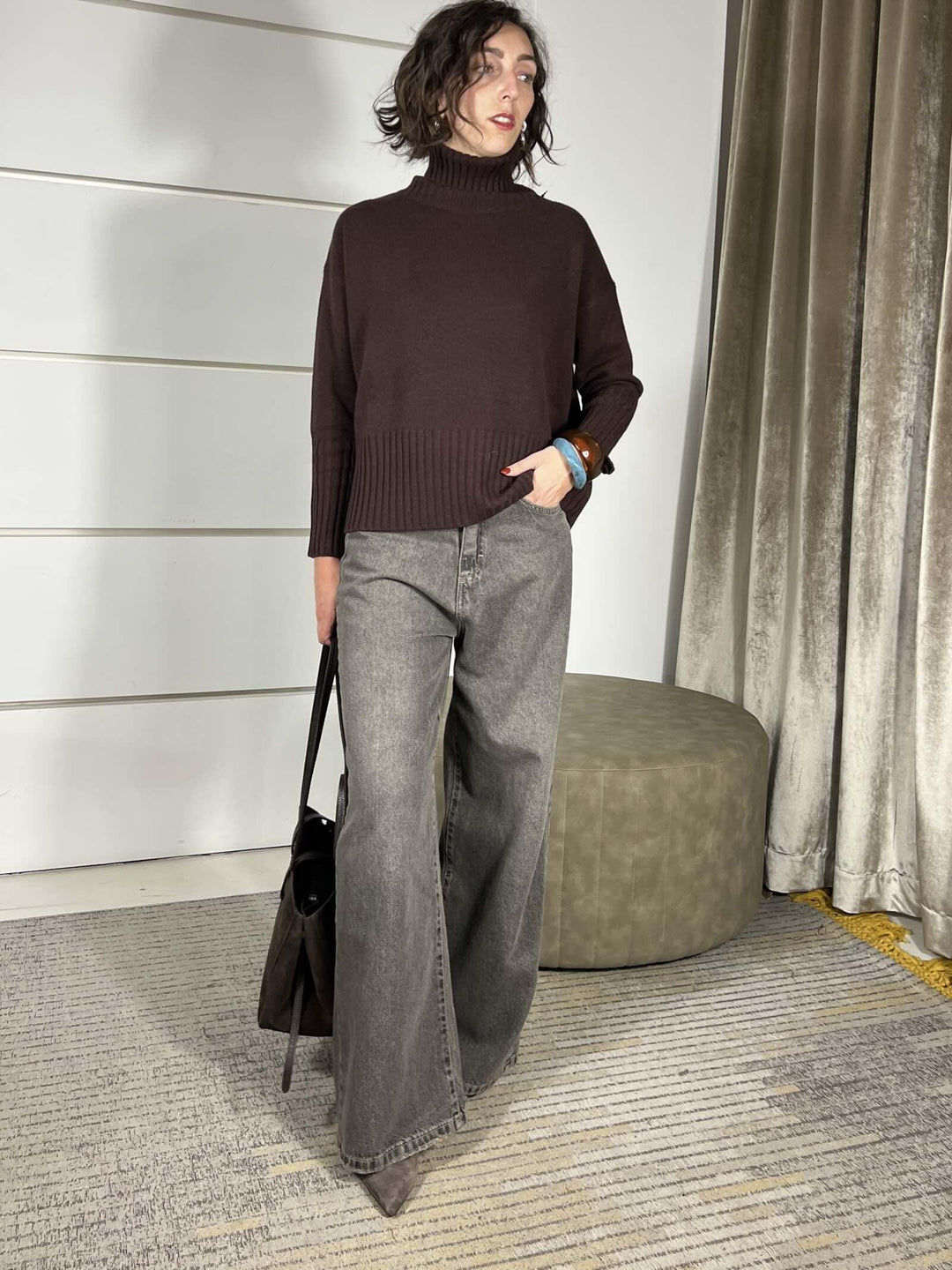 maglione collo alto con coste 100%lana moro WL938-7AI25MORO TENSIONE IN