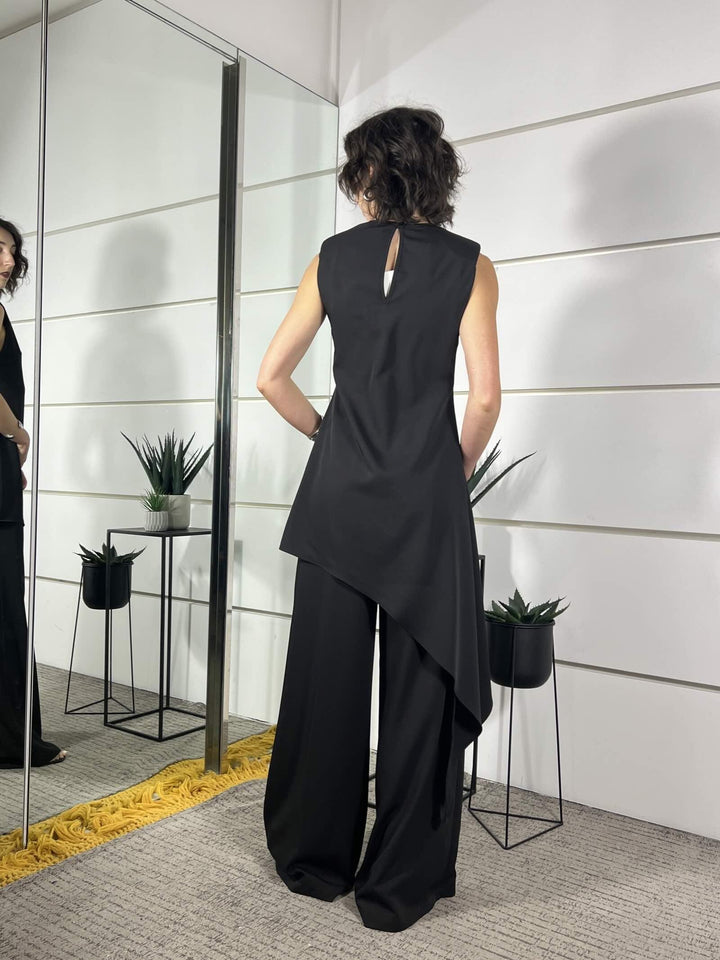 completo blusa asimmetrica e pantalone a palazzo nero SM215ANERO SUSY MIX