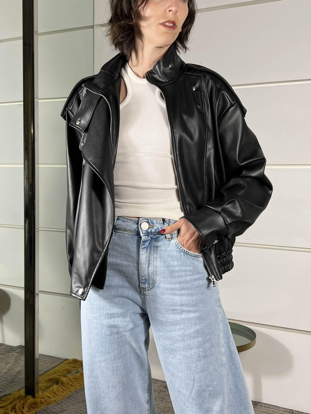 bomber in ecopelle collo alto nero TAB1047NERO VICOLO