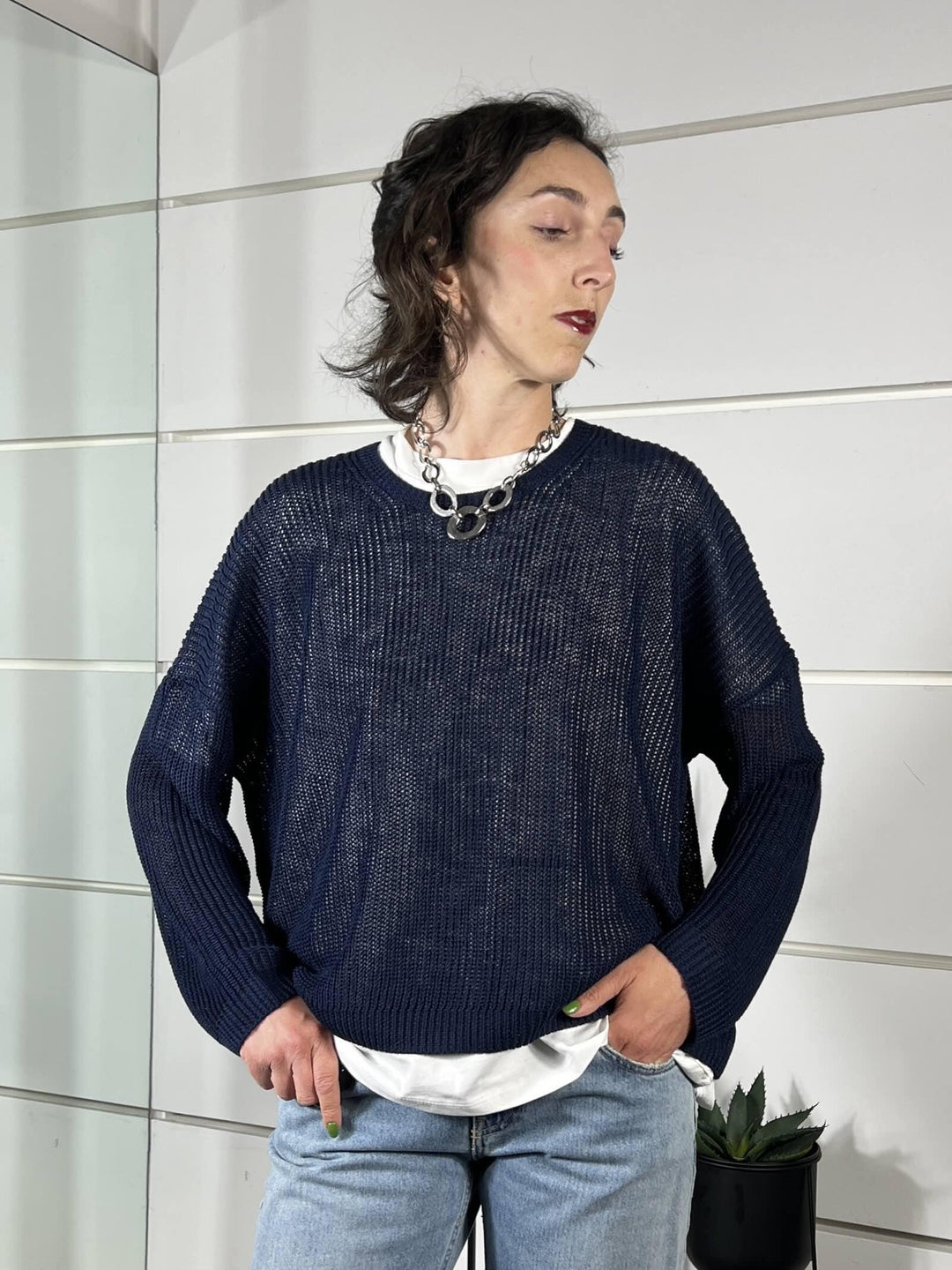 maglia blu girocollo manica lunga over misto viscosa XL25267BLU TENSIONE IN