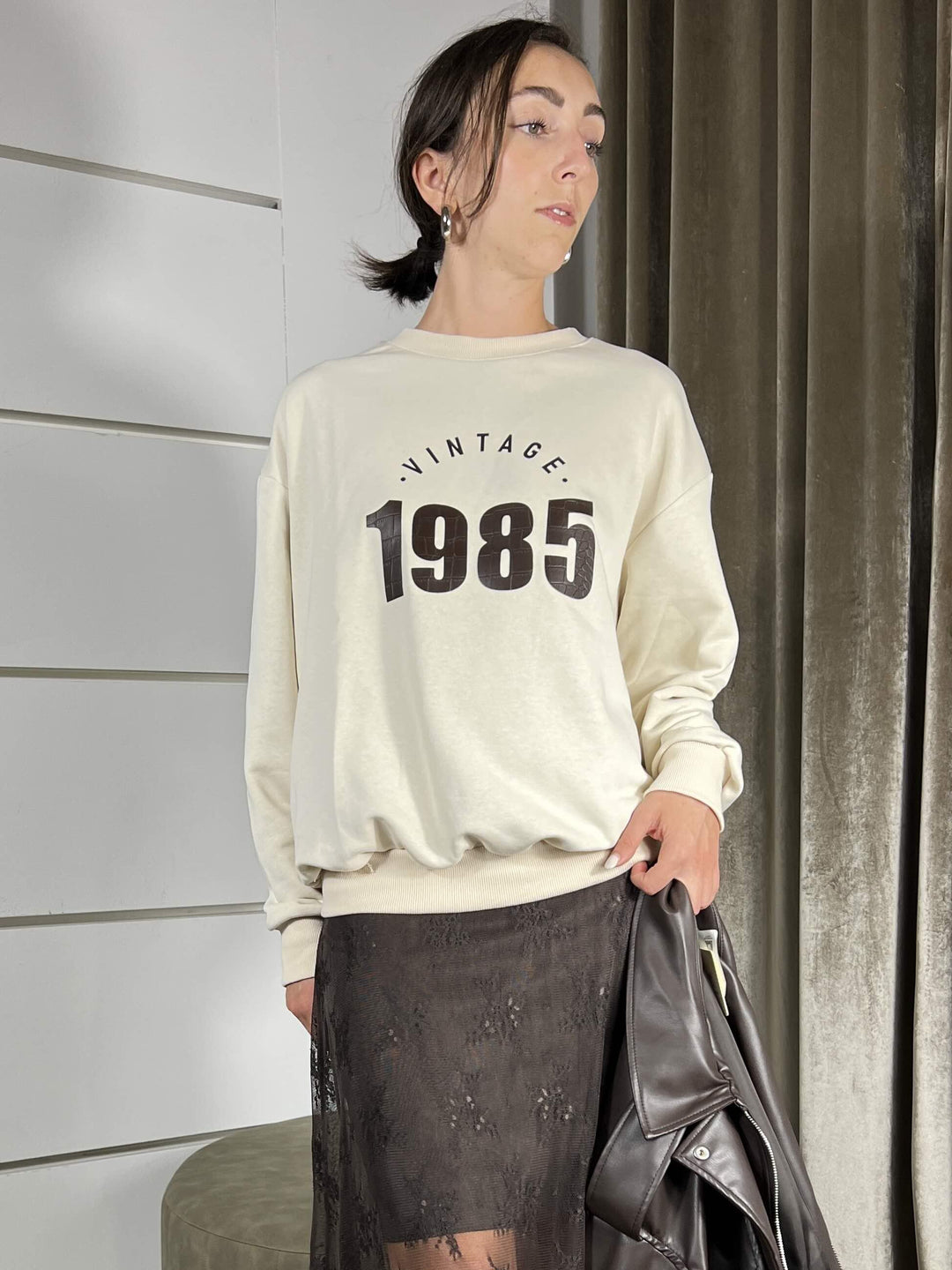 FELPA BURRO GIROCOLLO CON STAMPA 1985 SH002514CREMA SUSY MIX