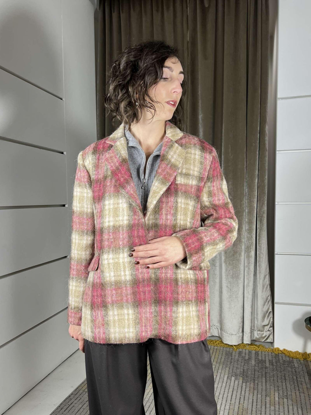 giacca cappotto check fuxia e burro 26B1581FUXIA TENSIONE IN