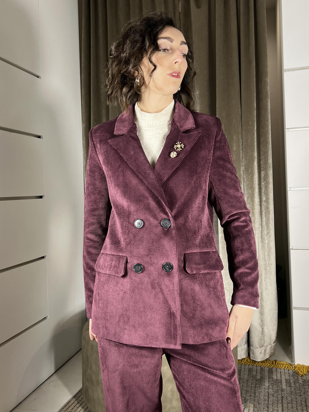 giacca doppiopetto con spille in velluto a coste vino A01N1061VINO PHILIA LOFT