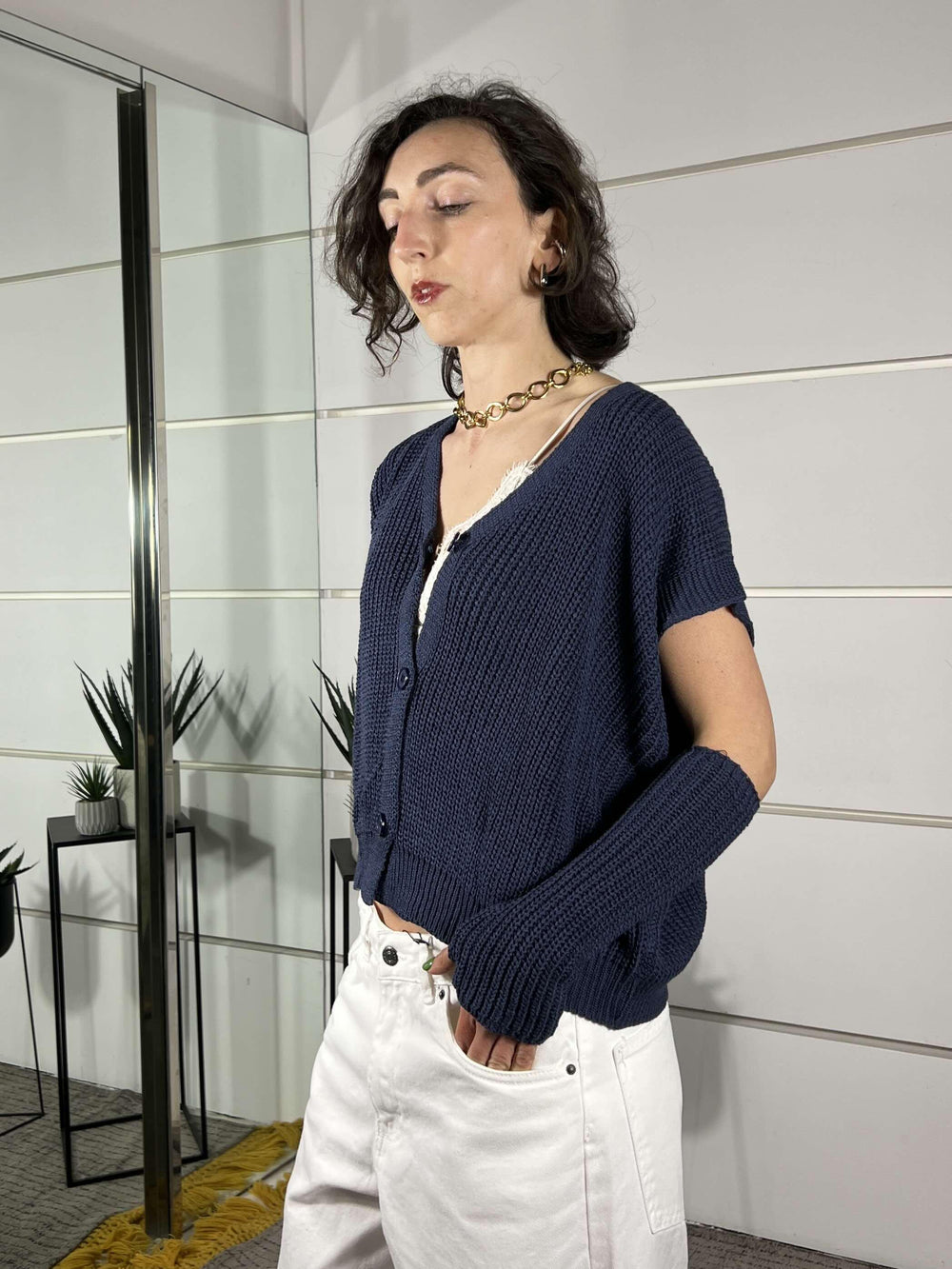 gilet con manicotti in cotone blu M93007BLU SUSY MIX