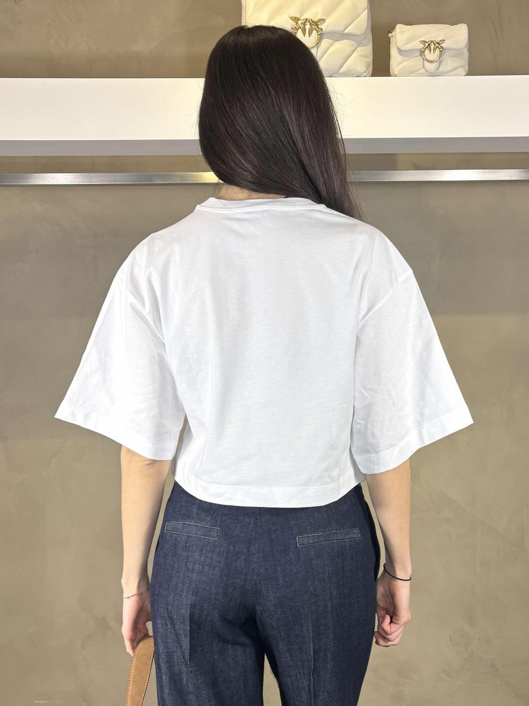 t-shirt cropped bianca con logo ricamato avorio BORGHETTOZ04 PINKO