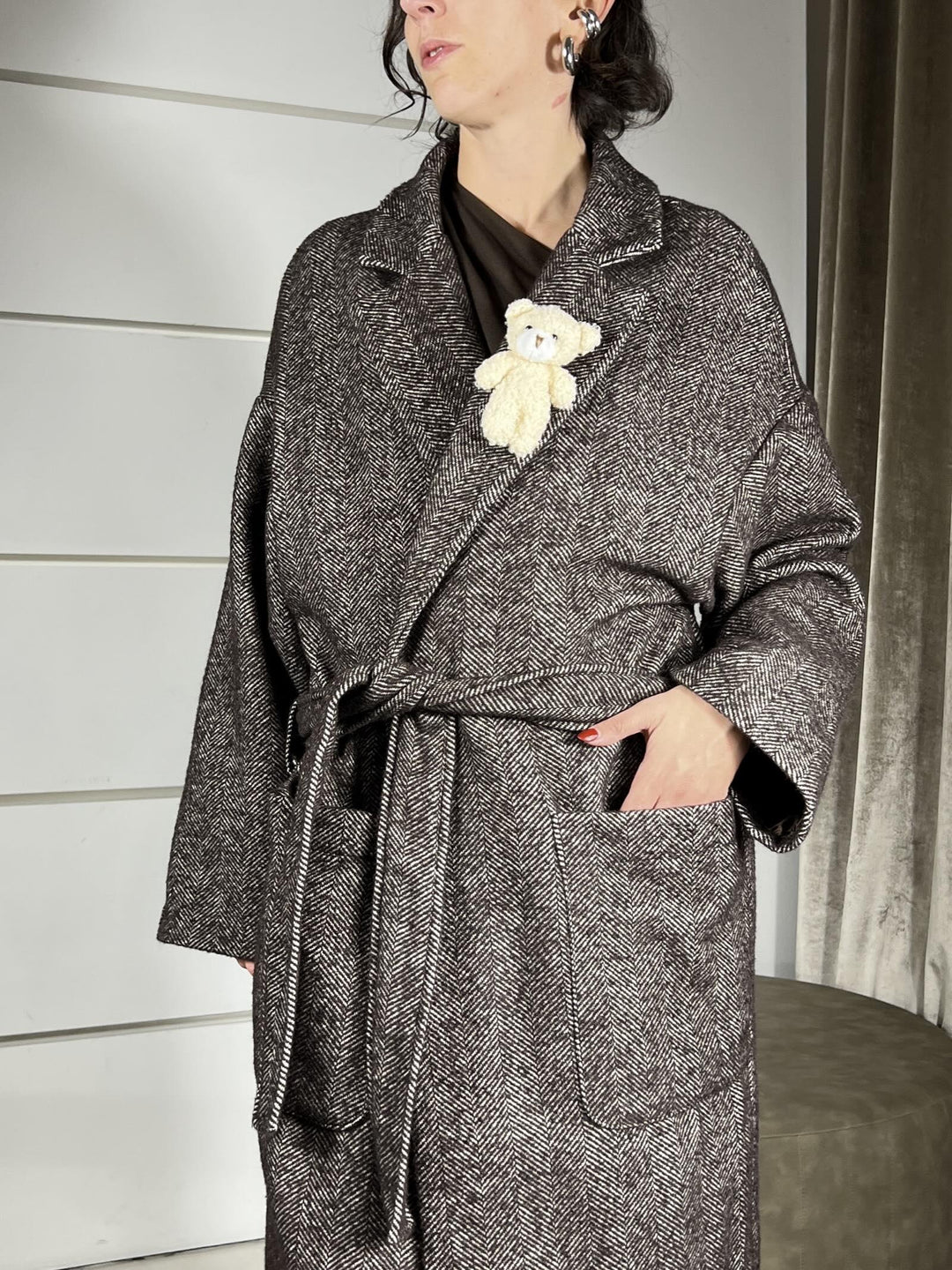 cappotto lungo spinato con cinta moro D01N0697MORO PHILIA LOFT