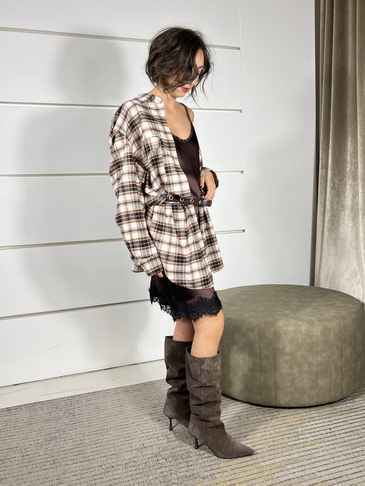 abito satin con pizzo e abito chemisier check moro e burro FW250077AMORO/BURRO TENSIONE IN
