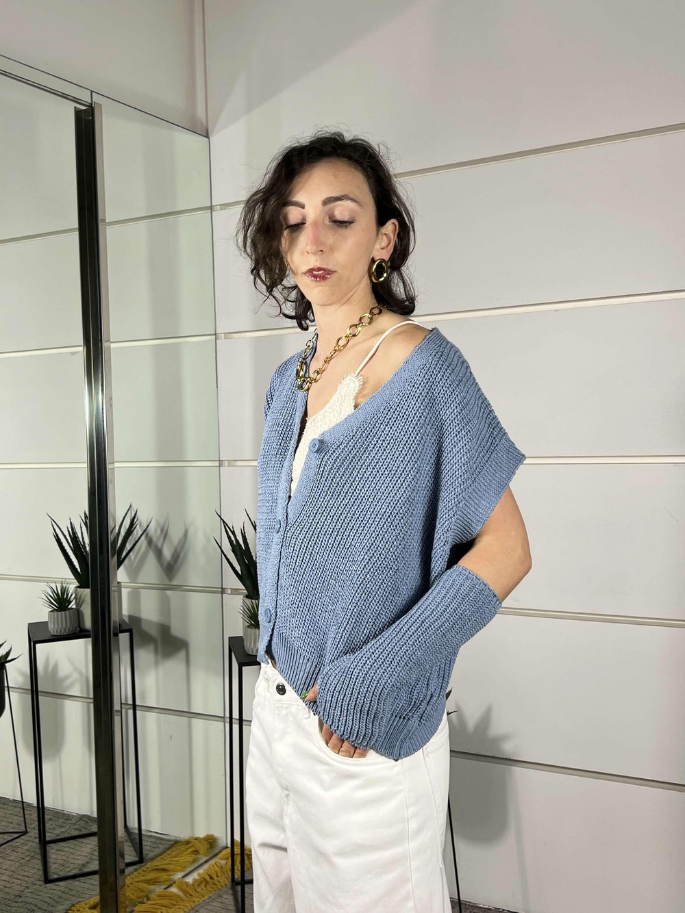 gilet con manicotti in cotone celeste M93007CELESTE SUSY MIX