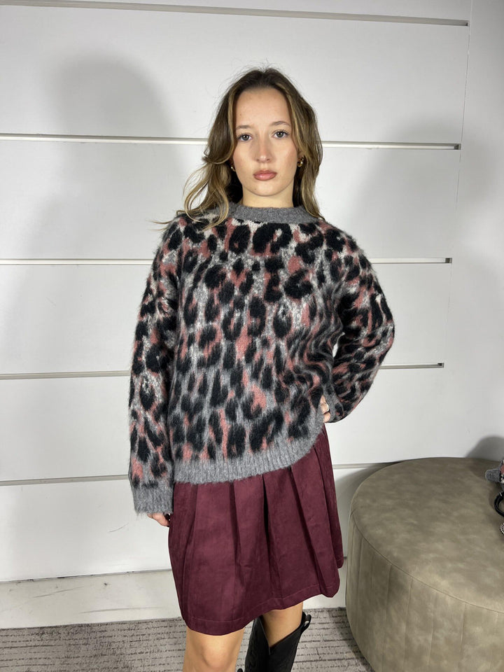 maglione maculato girocollo in misto mohair grigio e rosa D80996ROSA TENSIONE IN